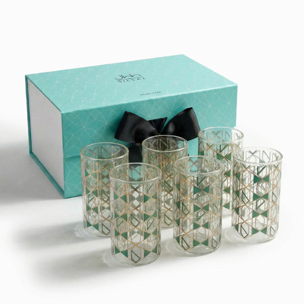 Emerald Mosaic Double Wall Glass Cups (Set of Six)