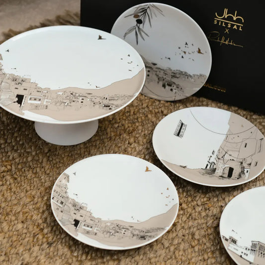 Naseem Cake Stand & 4 Dessert Plates Set